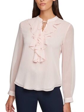 Tommy Hilfiger Women’s Pink Ruffled split neck Blouse Size S Sheer Feminine